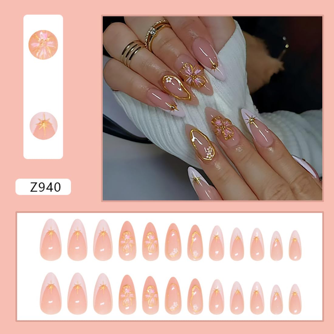Flower Almond Press on Nails Medium Fake Nails with 3D Gold Line Floral Star Designs White French Nails Press ons Nude Pink Acrylic Nails Fall Glue on Nails Artificial Stick on Nails for Women 24Pcs - Image 2