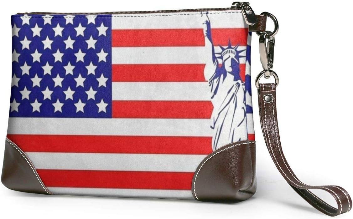 Statue Of Liberty On The Flag USA Canvas Makeup Bag Pouch Purse Handbag Organizer with Zipper