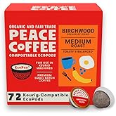 Peace Coffee Birchwood Breakfast Blend Medium Roast Compostable Coffee Pods, 4.33 oz, 72 Count Single-Use Pods, Organic Fair Trade, Smooth, Mild Flavor, Shade Grown, Fresh Roasted