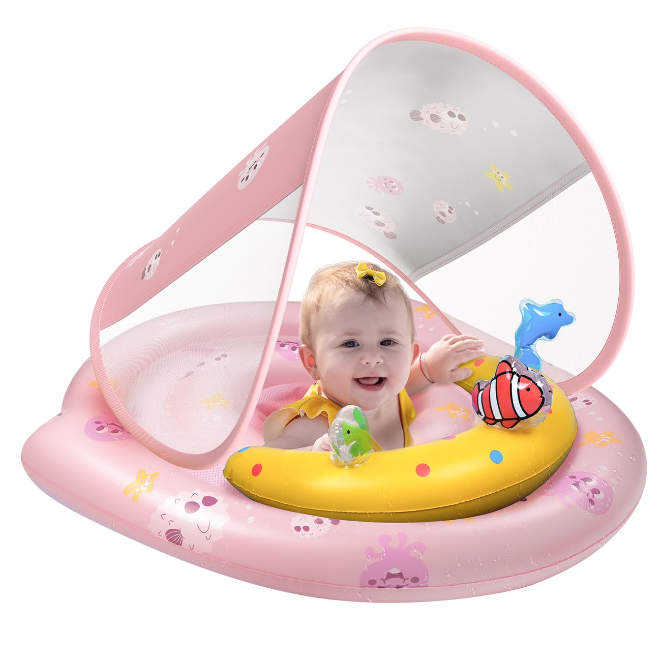 Photo 1 of Baby Pool Float - Inflatable Infant Pool Float with Canopy UPF50+ Sun Protection - Baby Swimming Float Toy Play Console for 6-36 Months Toddler-Pink