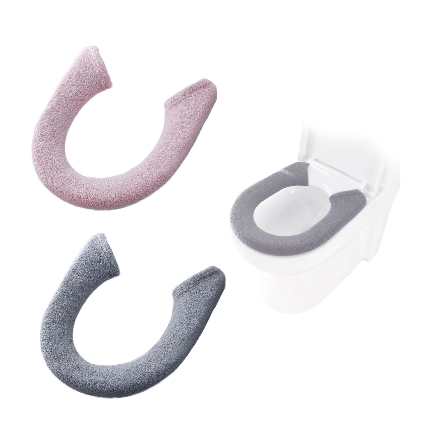 OAAO 2 Pcs Winter Warm Toilet Seat Pad, Thickened Soft Universal Button Cushion, Bathroom Washable Reusable Closestool Mat (Grey & Pink, 82 * 17cm)