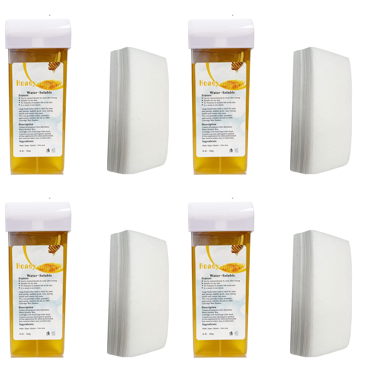 4 Honey Wax Cartridge With 200 Paper Waxing Strips Kit Sugar Cartridges Warm Paste Pack ROLL-ON Hot Wax Roller Hair Removal Depilatory 100ml Waxing Hot Rolling Soft Gentle Remover