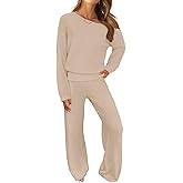 MEROKEETY Women's Fall Pajama Set Fuzzy Fleece 2 Piece Loungewear Off Shoulder Sweater Tops Wide Leg Pants Matching Outfits