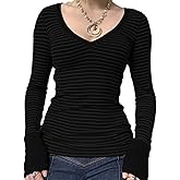 Women Y2k Fairy Grunge Knit Shirt V Neck Long Sleeve Striped Sweater Tops Fall Vintage Harajuku Streetwear