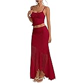 GORGLITTER Women's Two Piece Maxi Skirt Sets Summer Outfits Going Out Lace Asymmetrical Long Skirt and Crop Top Set