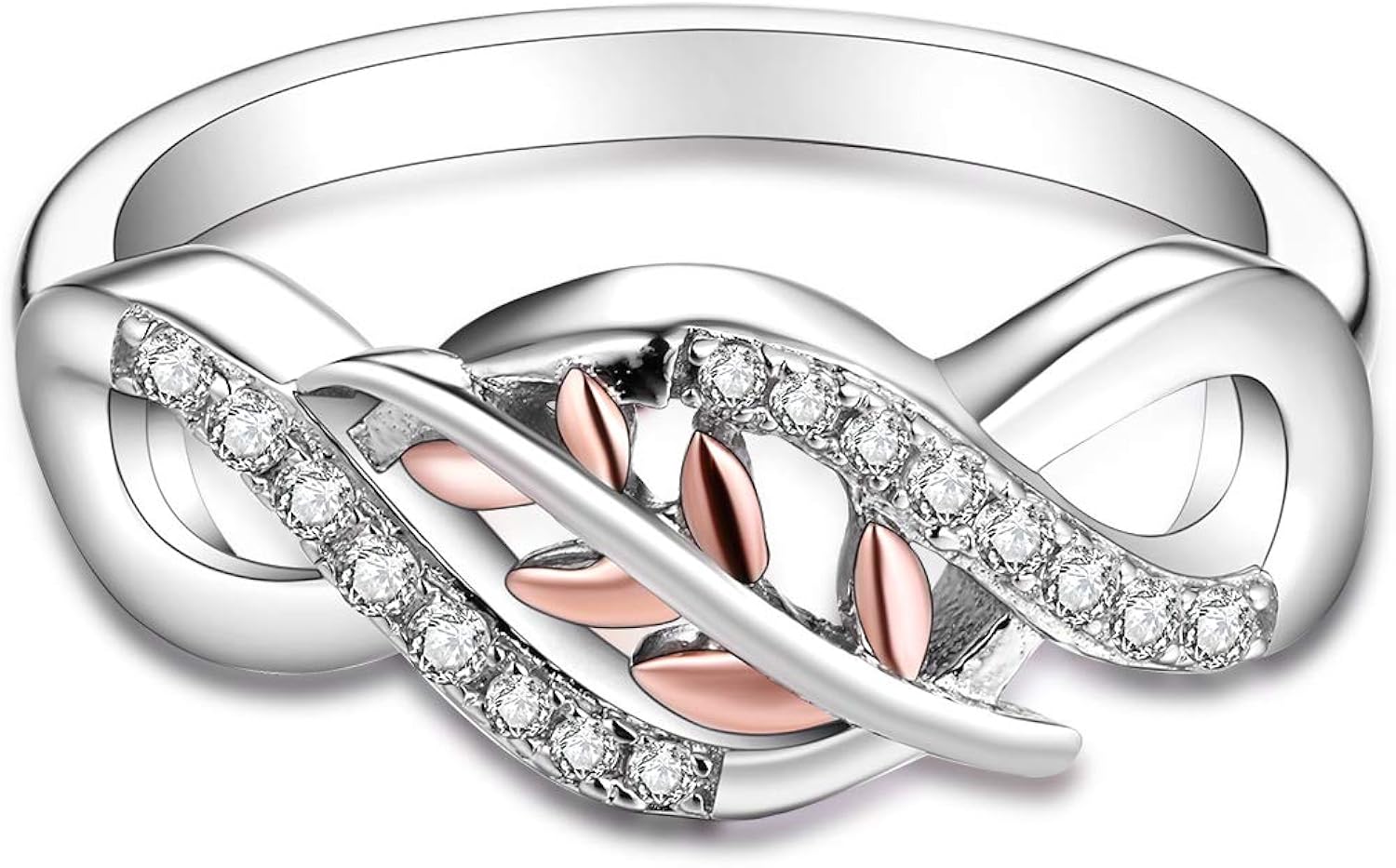 JO WISDOM 925 Sterling Silver Cubic Zirconia Rose Gold Leaf Infinity Knot Ring: Jewelry