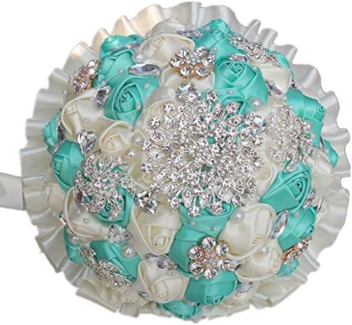 Bridal Bridesmaid bouquet For Wedding,Artificial Silk Flowers Bouquet Flowers Roses Crystal Pearl Wedding Bouquet, Bridal Artificial Silk Rose Flowers 18cm/7 inch (Tiffany Blue+Ivory)
