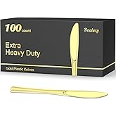 Dealusy 100 Count Heavy Duty Gold Plastic Knives Disposable, BPA-Free, Heat Resistant, Solid and Durable Premium Plastic Disp