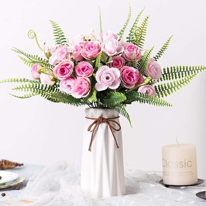 Amazon Yiliyajia 人工シルクローズ 花瓶付き 30個の花束 ウェディングブーケ セラミック花瓶 センターピース 装飾テーブル用 ローズピンク 造花 オンライン通販