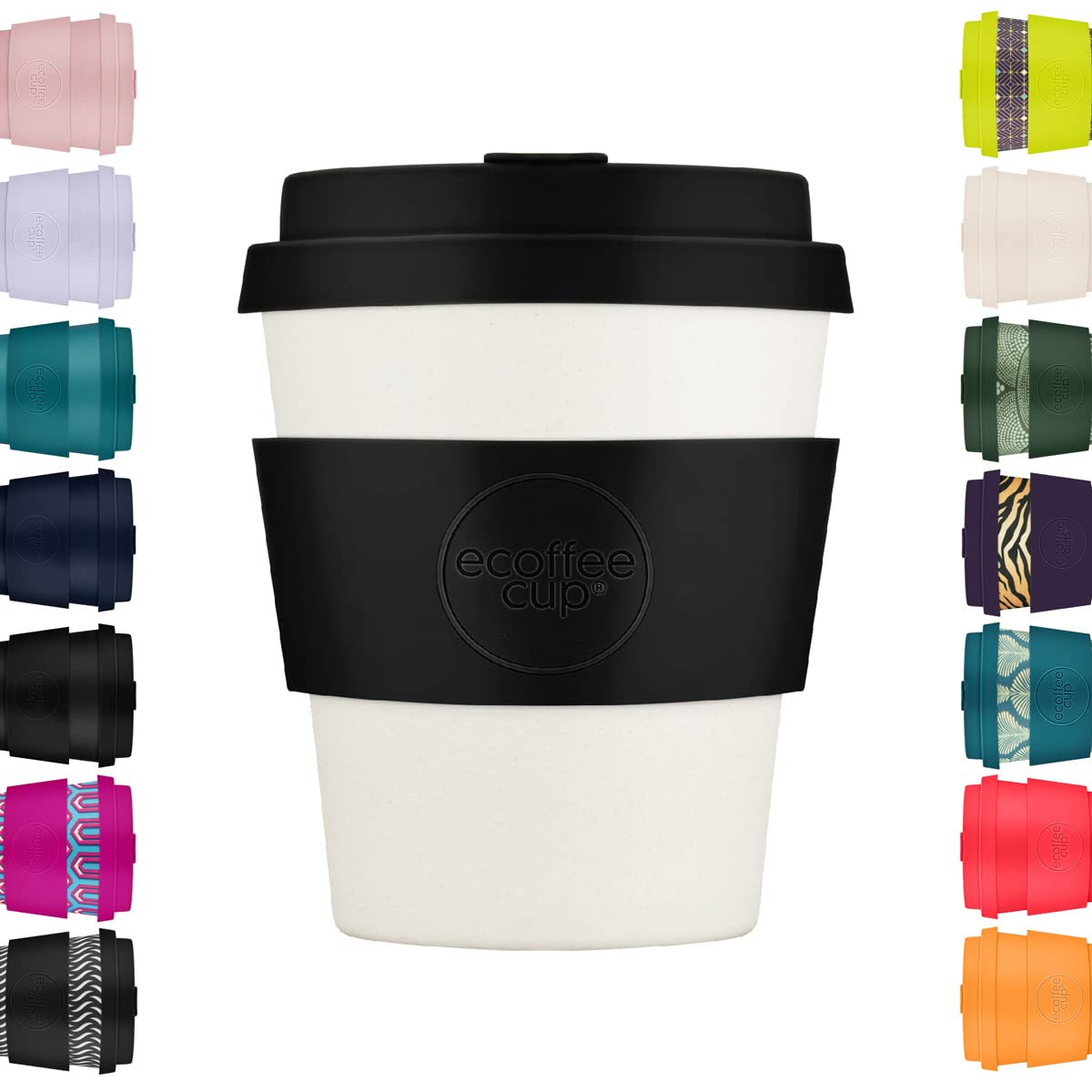 Ecoffee Cup 8oz 240ml Reusable Eco-Friendly 100% Plant Based Coffee Cup with Silicone Lid & Sleeve - Melamine Free & Biodegradable Dishwasher/Microwave Safe Travel Mug, Black Nature