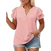 VISLILY Plus-Size-Summer-Tops for Women Cute Ruffle Short Sleeve T Shirts Notched V-Neck Tunics Button Down Blouses XL-5XL