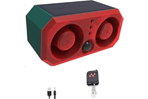 RISOON Solar Outdoor Motion Sensor Alarm: Barking Dog Sound Alarm with 2 * 130db Noise Maker, 4 Work Modes, Dog Barking Gunshot Alarm Support Recording and ± Adjust Volume for for Home Security, USB Charge