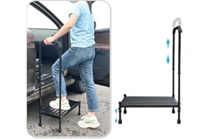 NEAUDE Medical Step Stool with Handle SUV Car Elderly Handicap Steps for RV Mobile Home with Handrail for Adults Seniors Bariatric Metal Stepping Stool Safety Step Assist Adjustable 300lb Foot Stool
