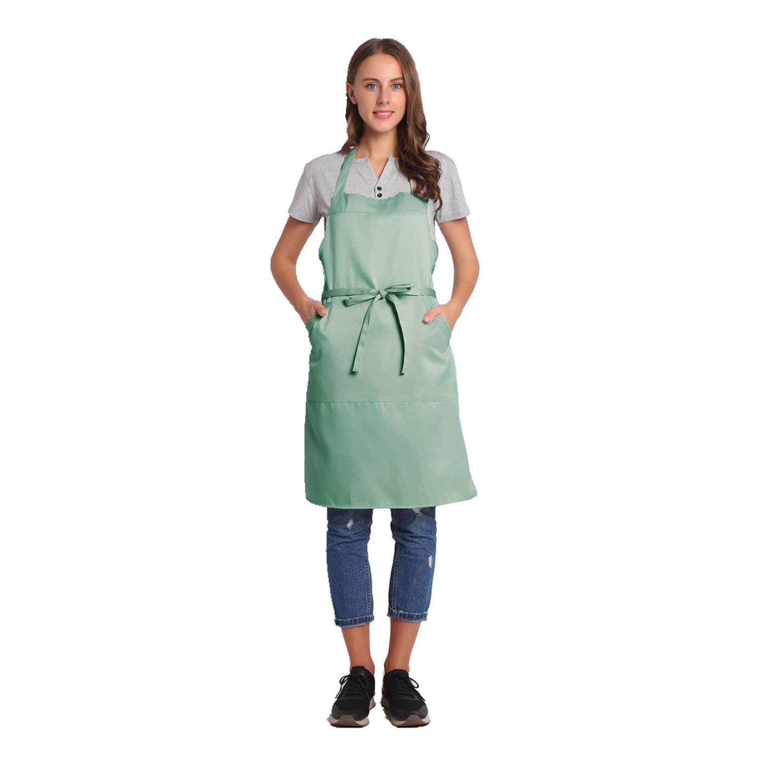 BIGHAS Adjustable Bib Apron with Long Ties for Women Men 18 Colors Chef Kitchen Cooking (Gossamer Green)