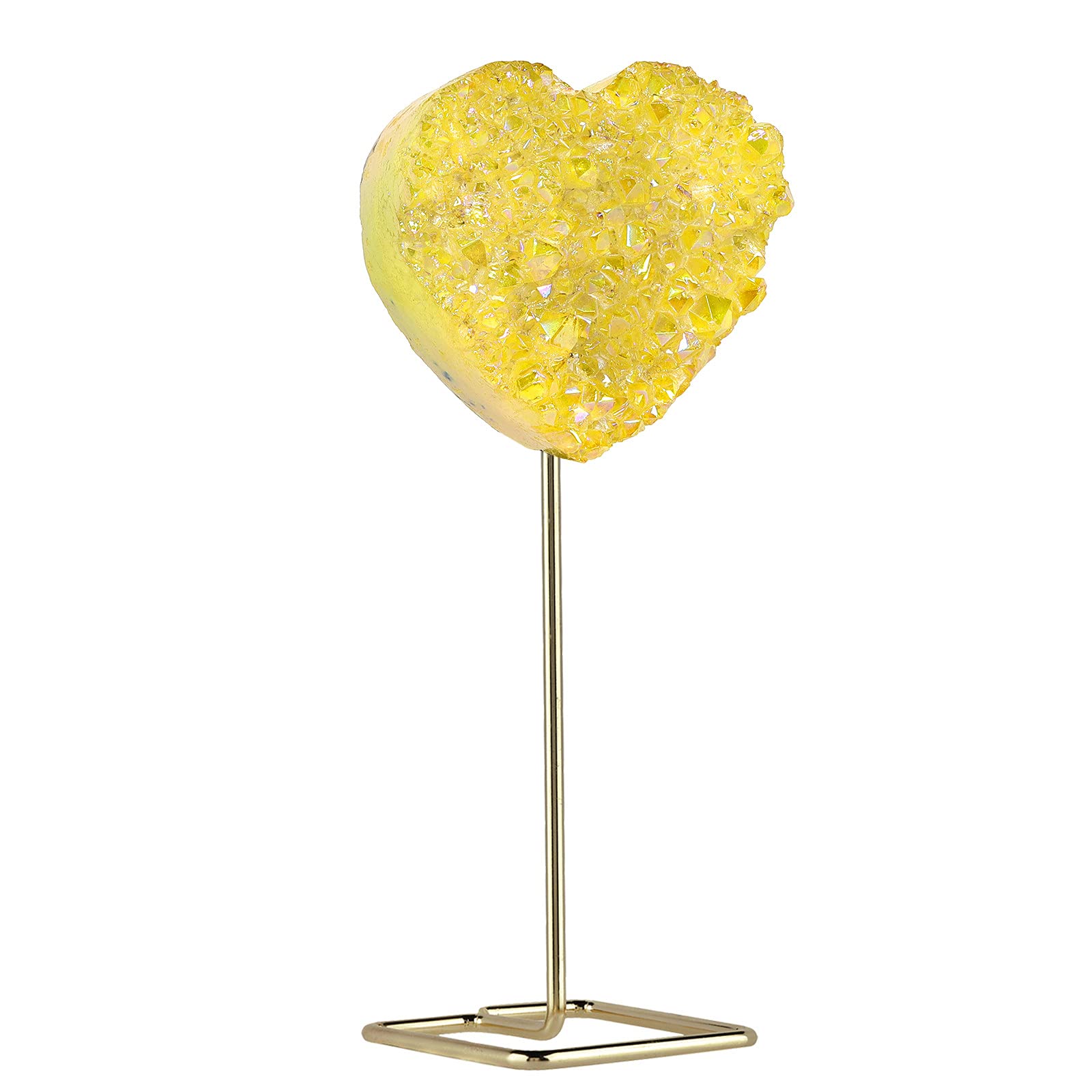 Nupuyai Love Heart Crystal Cluster Stone with Stainless Stand, Yellow Titanium Coated Rock Quartz Geode Specimen for Reiki Healing Home Decor