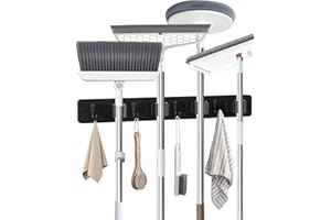 AceMining Broom Holder Wall Mounted, Black 4 Holders and 4 Hooks Mop Holder, Wooden Mop and Broom Holder with Anti slip rubber, Natural pine wood Brush Holder, Mop Wall Holde with Nail installation