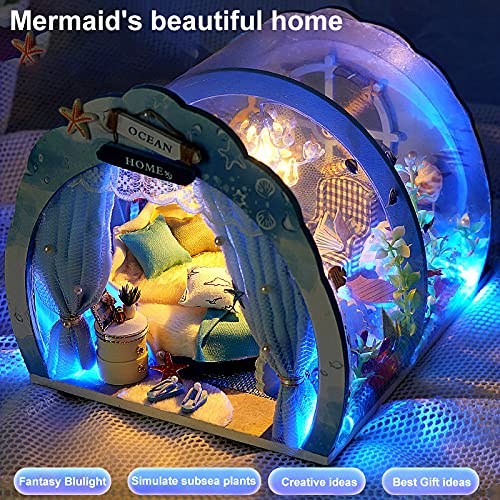 GuDoQi DIY Miniature Dollhouse Kit, Miniature House Kit 1:24 Scale,Tiny House kit with Furniture, Great Gift for Birthday Easter Day, Sweet Home of Mermaid Princess