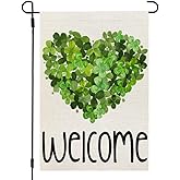CROWNED BEAUTY St Patricks Day Garden Flag Shamrocks Heart 12x18 Inch Double Sided for Outside Green Small Burlap Welcome Holiday Yard Decoration