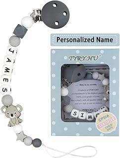 Schnullerkette mit Namen für Mädchen und Jungs Personalisierte Schnuller Dummy Clips Zahnen Silikon Koala Babydusche (Grauer Koala)