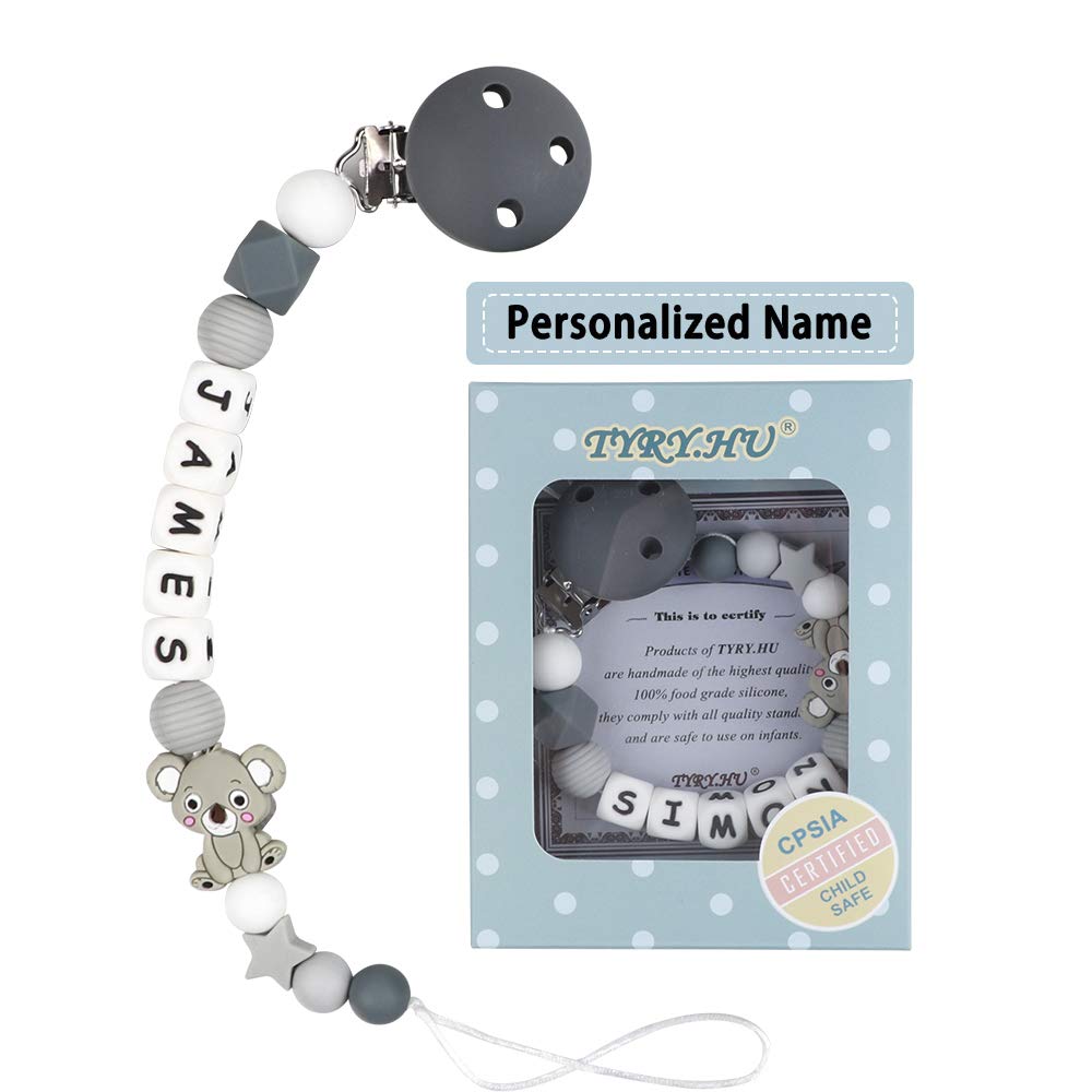Schnullerkette mit Namen für Mädchen und Jungs Personalisierte Schnuller Dummy Clips Zahnen Silikon Koala Babydusche (Grauer Koala)