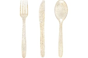 WDF 360 Plastic Silverware - Disposable Cutlery - Gold Glitter Plastic: 120 Forks, 120 Spoons, 120 Knives for Wedding/Party