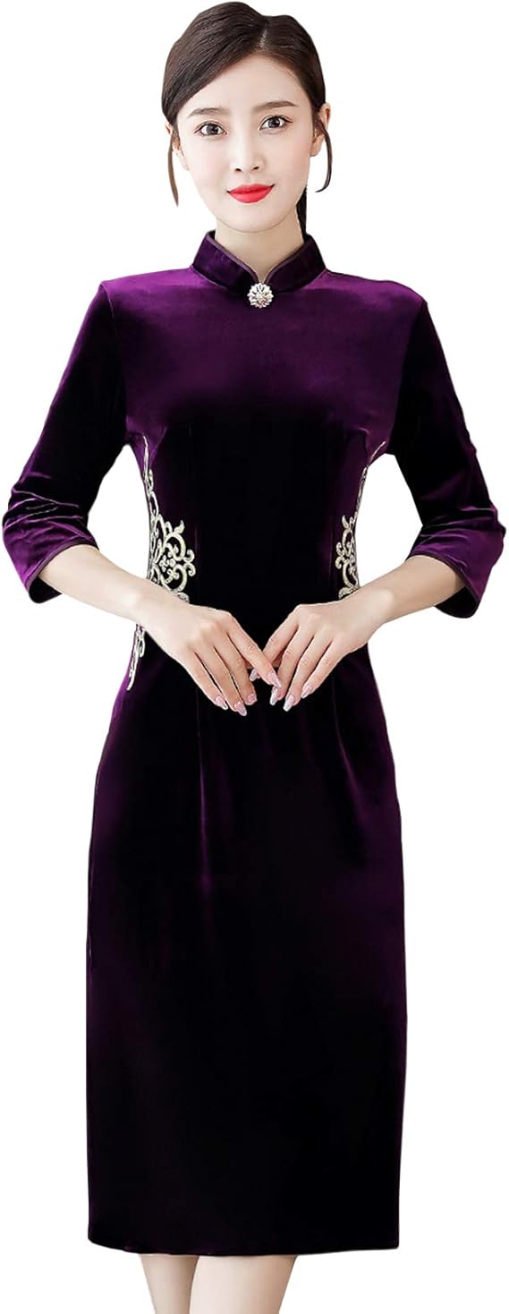 Amazon Rummyluckjp 女性のエレガントな刺繡ベロアチャイナドレス 中国風ドレスイブニングドレスロングチャイナドレス ワンピース チュニック 通販