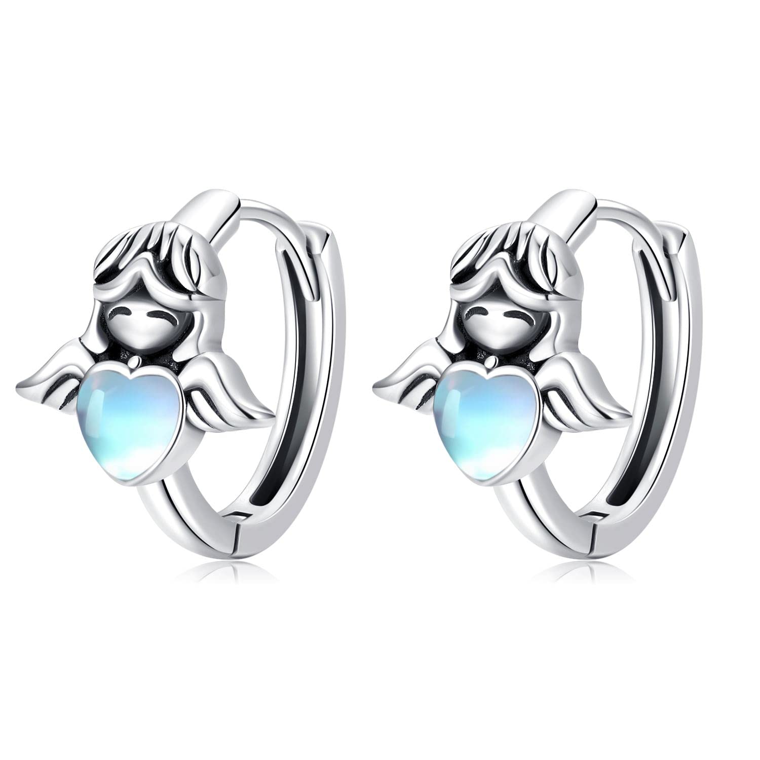 KINGWHYTE Angel Hoop Earrings 925 Sterling Silver Guarding Angel Earrings Heart Moonstone Huggie Earrings Birthday Christmas Jewellery Gifts for Women Girls