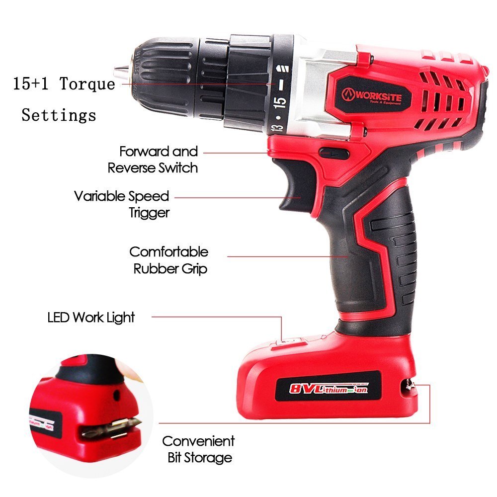 WORKSITE 8V Electric Cordless Drill Screwdriver with 1300mA Lithium-Ion Battery, 16 Position Keyless Clutch, Variable Speed Switch, Lightweight, Built-in LED Light, 13 Pcs Bits Set, Magnet Wristband