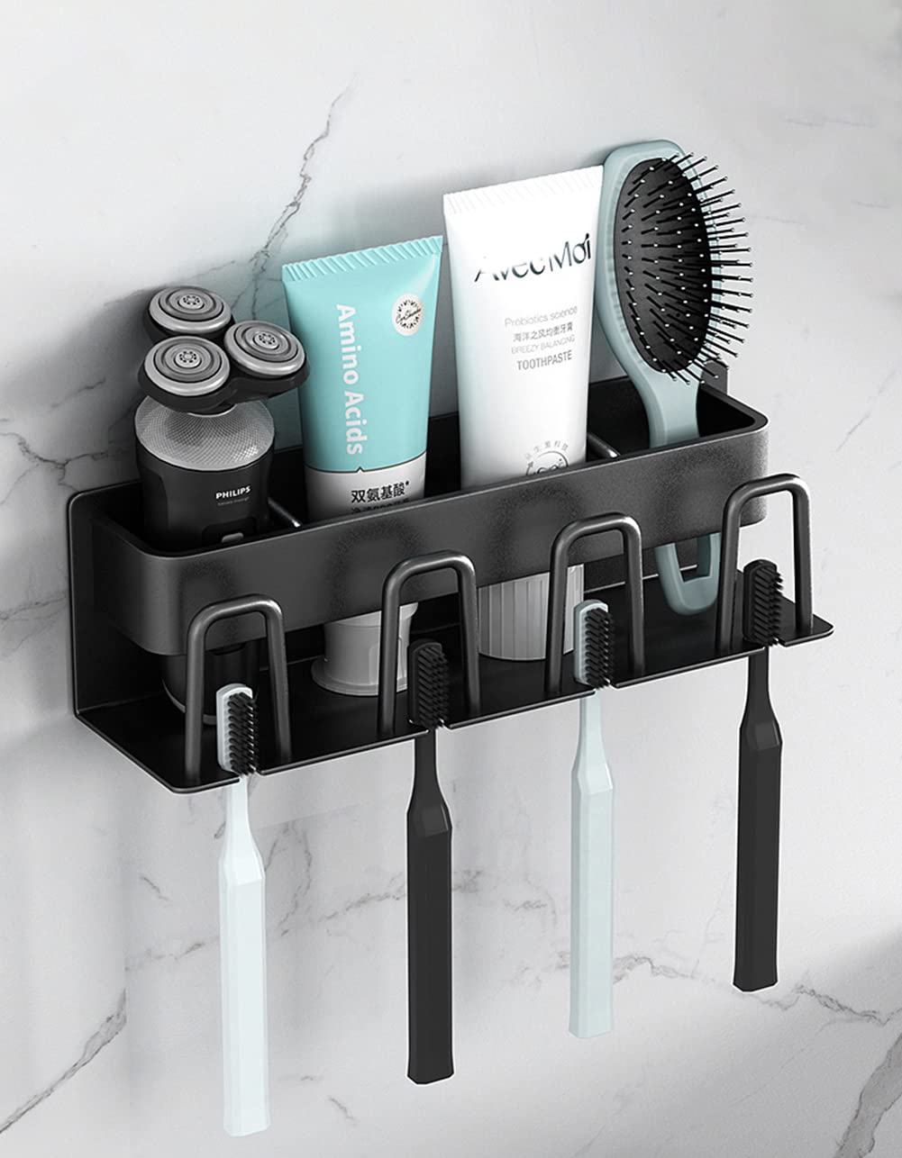 Electric Toothbrush Holder, No Drilling, Wall Toothbrush Holder, Space Aluminum, 4-Hole Toothbrush Head Holder for Electric Toothbrush, Manual Toothbrush, Toothpaste Storage (Black-4Slots)