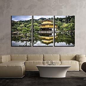 3 Piece Canvas Wall Art - Landscape with Oriental Building and Lake - Modern Home Art Stretched and Framed Ready to Hang - 16"x24"x3 Panels