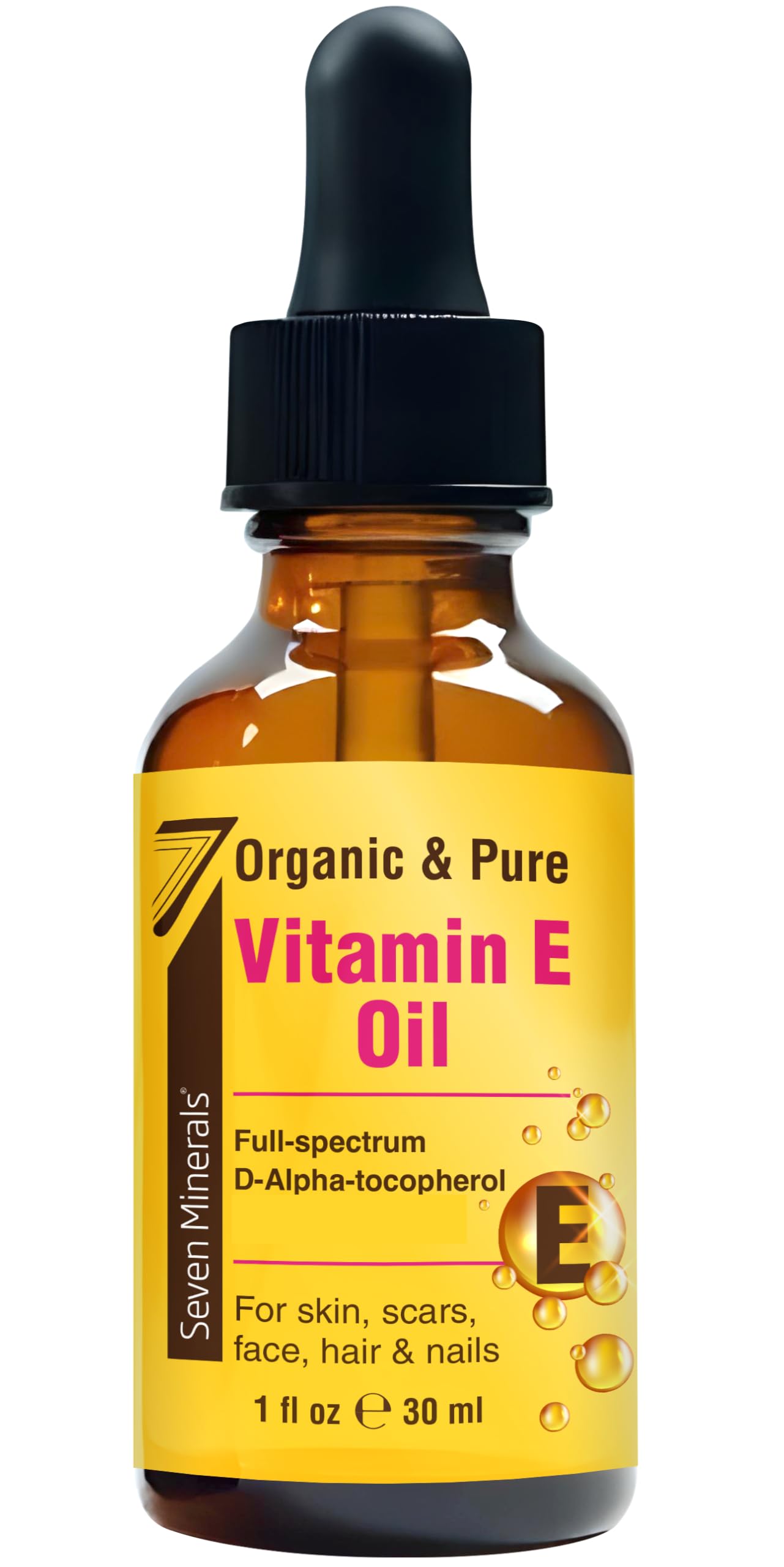 Seven Minerals Ultra Pure Vitamin E Oil - Full-Spectrum D-Alpha Tocopherol, 1 Fl Oz - 100% Organic Vitamin E Oil for Skin, Face, Hair, and Scars - Naturally Occurring = Not Synthetic
