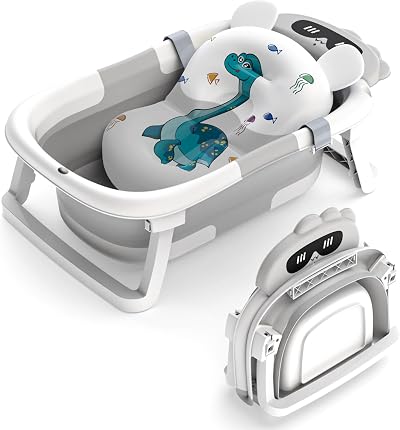 Glenmore Foldable Baby Bath Tub Grey Non Slip Support Cushion Travel Portable