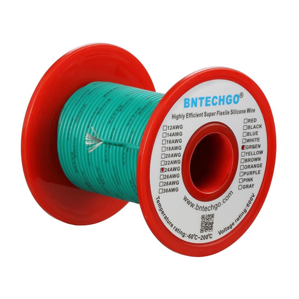 BNTECHGO 24 Gauge Silicone Wire Spool Green 100 ft Ultra Flexible High Temp 200 deg C 600V 24 AWG Silicone Rubber Wire 40 Strands of Tinned Copper Wire Stranded Wire for Model Low Impedance