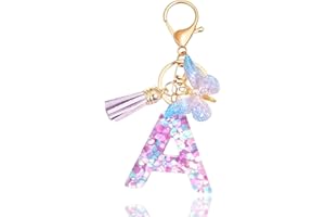 Meefisher Purple-Blue Pink Green Resin Alphabet Initial Letter Keychain Tassel Butterfly Key Ring for Purse Handbag Car Keys