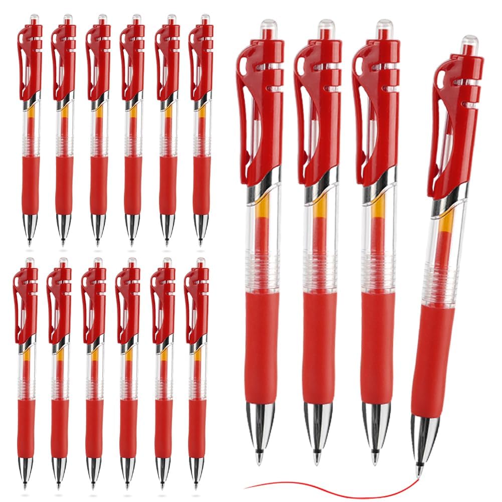 OFFCUP Rollerball Pens, 16pcs Retractable Ballpoint Pens, Gel Pens with Pocket Clip Liquid Ink Rollerball Pen Black ink Smooth Pens for Adult Writing Note Taking School & Office Supply (Red)
