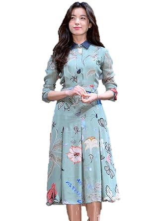 Amazon ラペルワンピース 花柄プリント 襟付きワンピース ウエスト