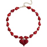 YUJIE Chunky Heart Penadnt Necklace for Women- Exaggerated Statement Puff Heart Necklace with Acrylic Beaded Chain