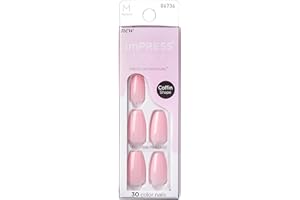 KISS imPRESS No Glue Mani Press On Nails, Color, 'Pink Dream', Pink, Medium Size, Coffin Shape, Includes 30 Nails, Prep Pad, Instructions Sheet, 1 Manicure Stick, 1 Mini File