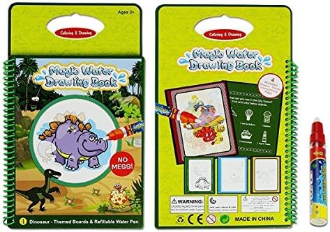 Reusable Water Drawing Doodle Card Book, Water Reveal,Paint with Water, No Chemicals, No Mess, Dinosaurs Water Doodle Pad,Educational Toy for Kids, Magic Pen Included, 4 Pages.