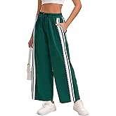 CITASHION Baggy Track Pants Women Wide Leg Y2K Casual Drawstring Striped Contrast Color Lace Side Workout Pants