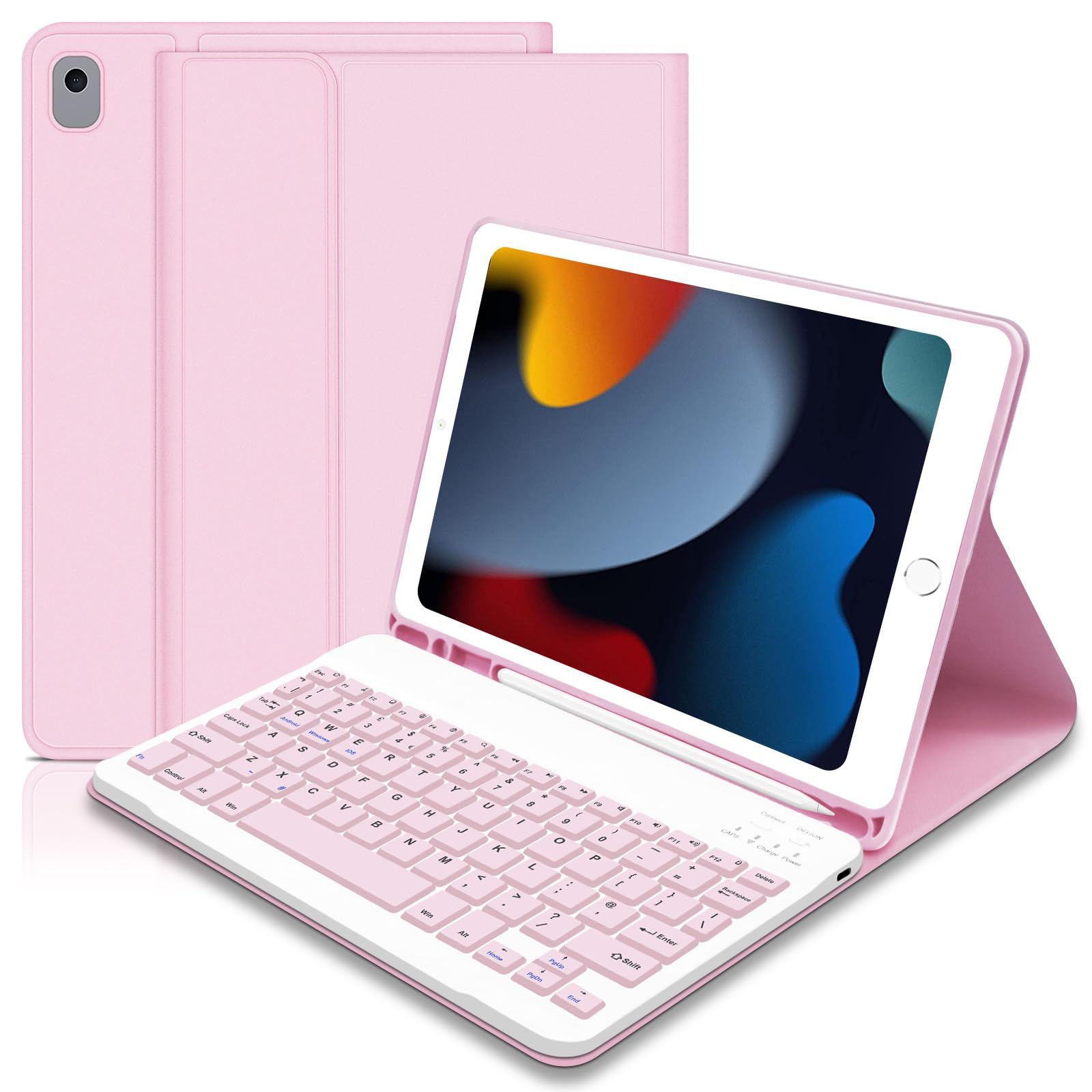 Keyboard Case for iPad 10.2 9th Generation 2021 / 8th Gen 2020 / 7th Gen 2019 / Air 3rd 2019 / iPad Pro 10.5 2017 - Slim Protective Case with Apple Pencil Holder Wireless Detachable Keyboard (Pink)