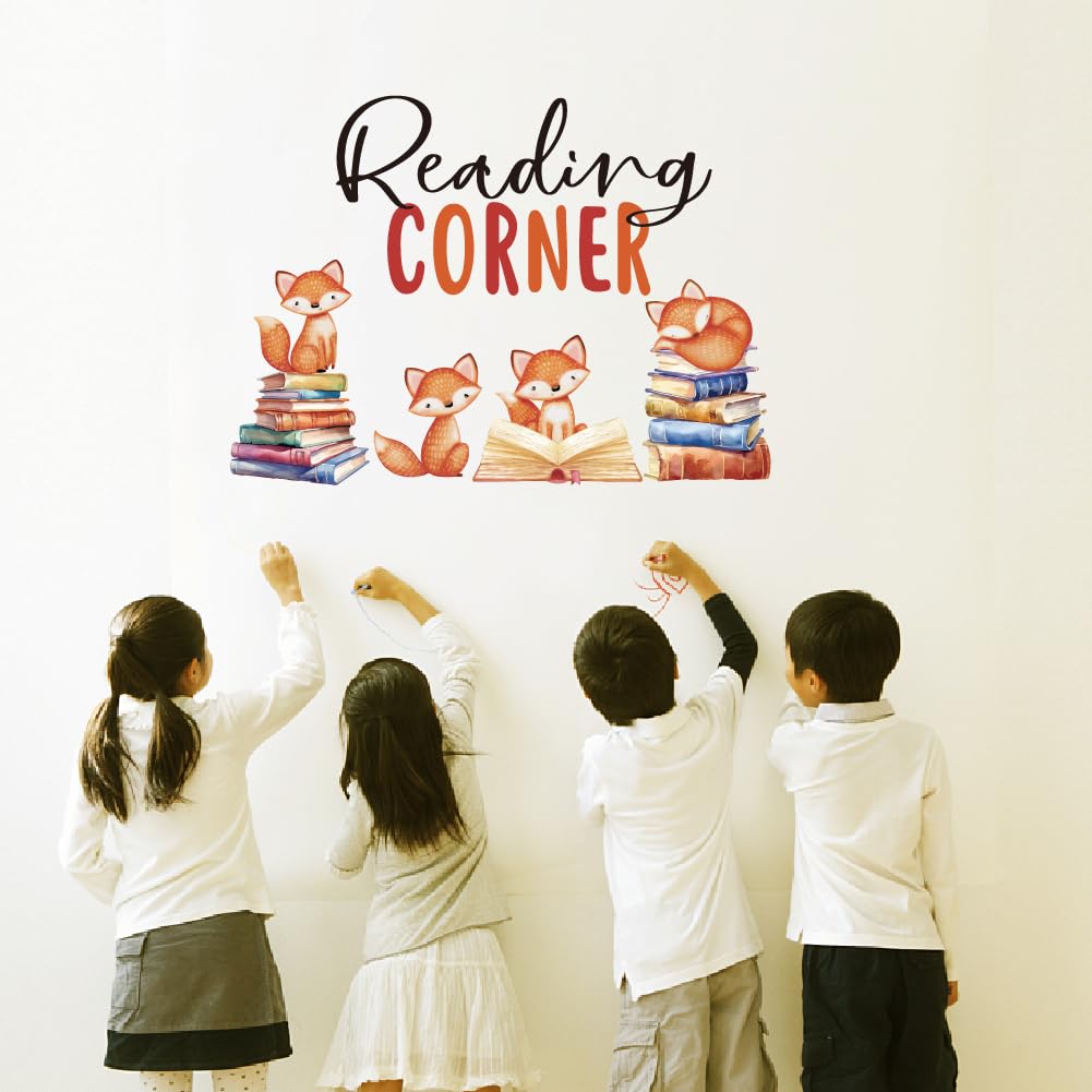 SUPERDANT Reading Corner Wall Decal Cute Animals Reading Wall Sticker Foxes Reading Books Art Decoration Vinyl Wall Decals for Classroom Reading Room Kid's Bedroom Wall Decoration Back to School — image 1