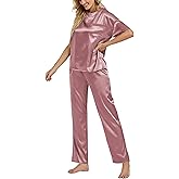LYANER Women's Satin Silk Pajama Set Short Sleeve T-shirt with Pants Set PJ Loungewear