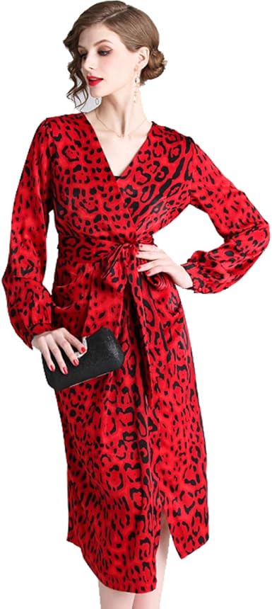long sleeve red leopard print dress