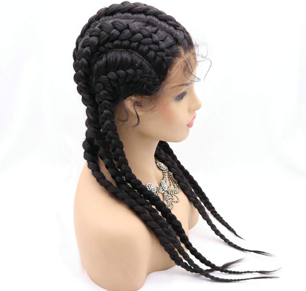 RainaHair Black Braids 5 Box Braided Wig with Baby Hair Synthetic Braided Lace Wig 5 Crochet Braids X Pression Braiding Hair Wigs for Women 30inch(black) - Image 5