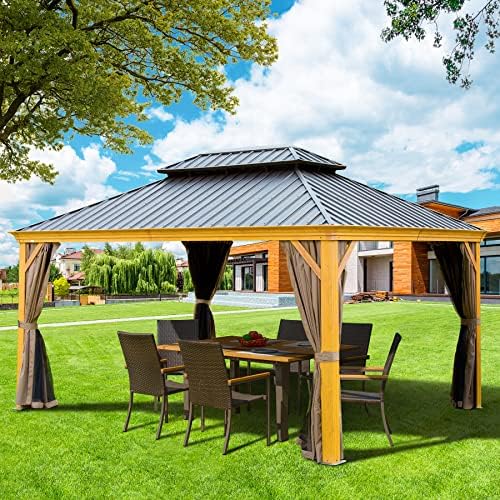 12’ x 16’ Hardtop Gazebo Outdoor Aluminum Wood Grain Gazebos with