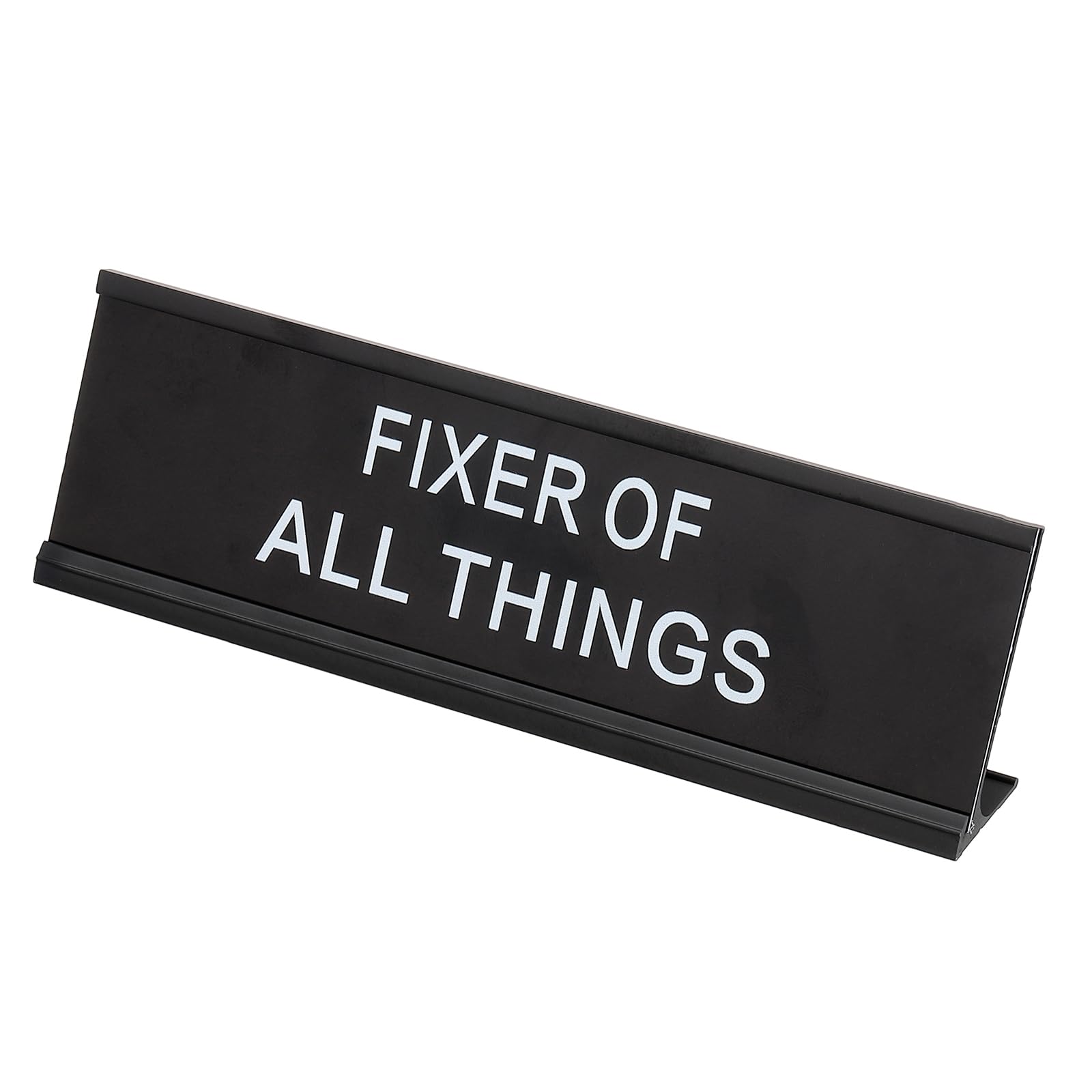 PATIKIL Funny Nameplate, 7"x2" Novelty Desk Sign Plaque Aluminum Desk Name Plate with Base for Office, Black White (Fixer Of All Things)