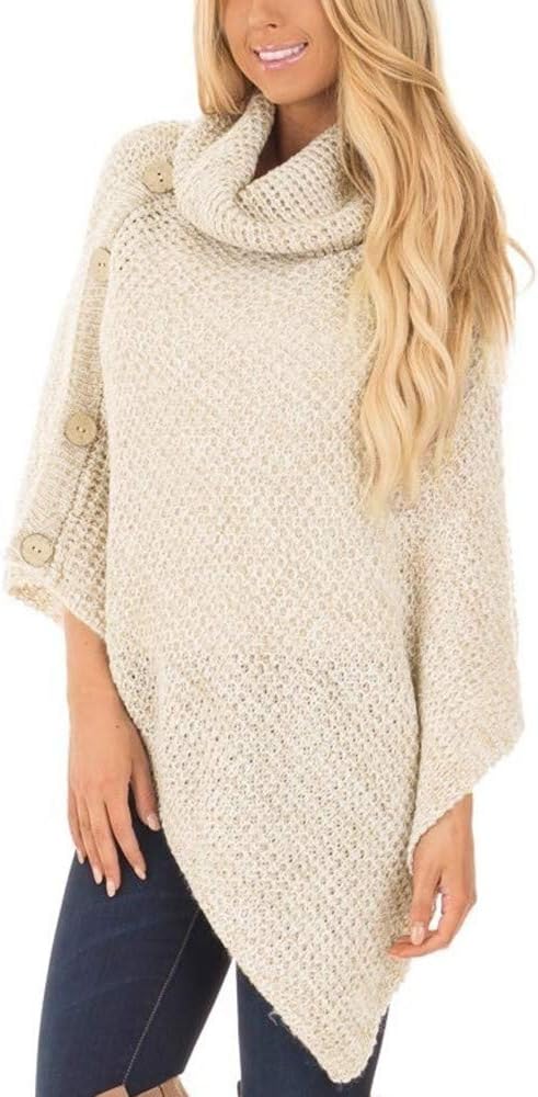 NREALY Sweaters Women's Knit Turtle Neck Poncho with Button Irregular Hem Pullover Sweaters