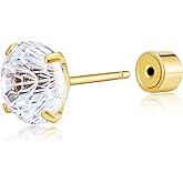 JINEAR 14K Gold Filled Stud Earrings for Women,5/7mm Round Fireworks Section Cubic Zirconia Earrings Quick-Release Flat-Back Ear Nail Hypoallergenic Lightweight Earring Jewelry Gift
