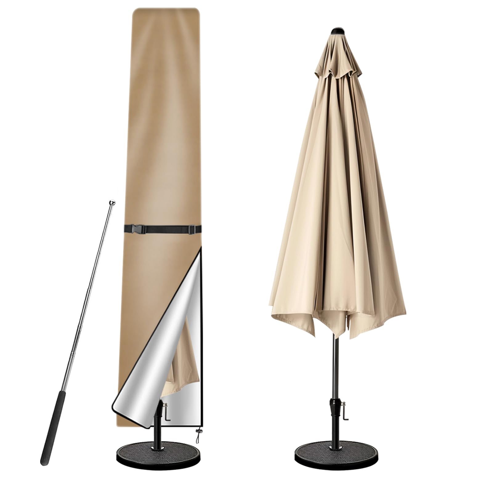 wiipara Parasol Cover with Rod, Parasol Protective Cover fit for Waterproof UV-Block Windproof Large Umbrella Cover with Zip and Storage Bag for Garden Outdoor (Khaki, 190x30(top) x50(bottom) cm)